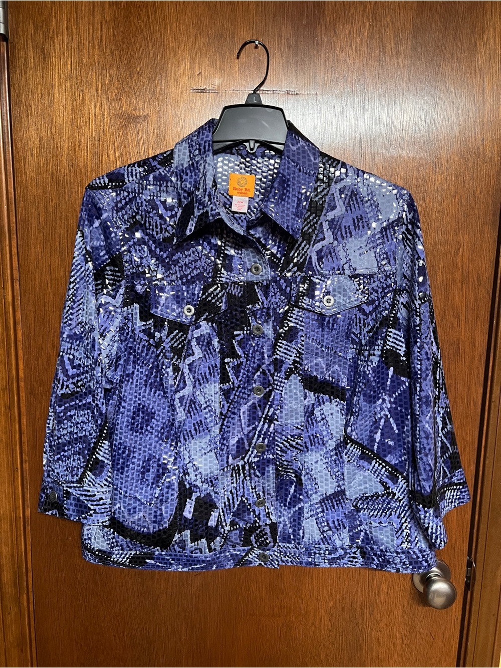 Ruby Rd. Blue and Black Abstract Print Shiny Jacket Size 22W